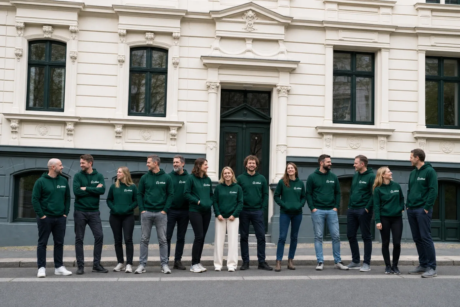 Das obhut-Team in grünen Hoodies vor einem Altbau